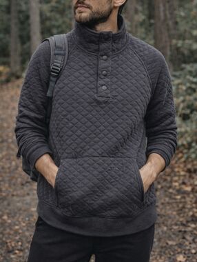 Eddie Bauer Charcoal Quilted Pullover Sweatshirt Cotton Blend Snap Neck Cozy